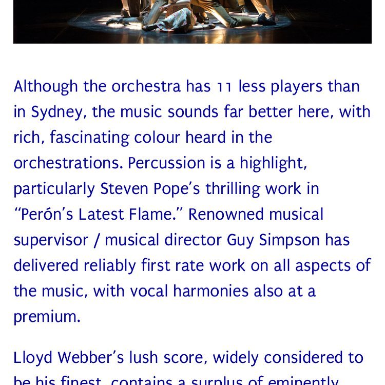 Sweet review for opening night for @officialevita in Melbourne. Fills =...